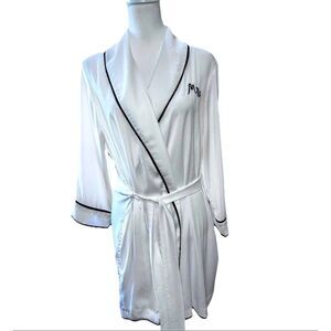 Kate Spade Satin Bridal Robe White Black Trim “Mrs.” Embroidered Belted M